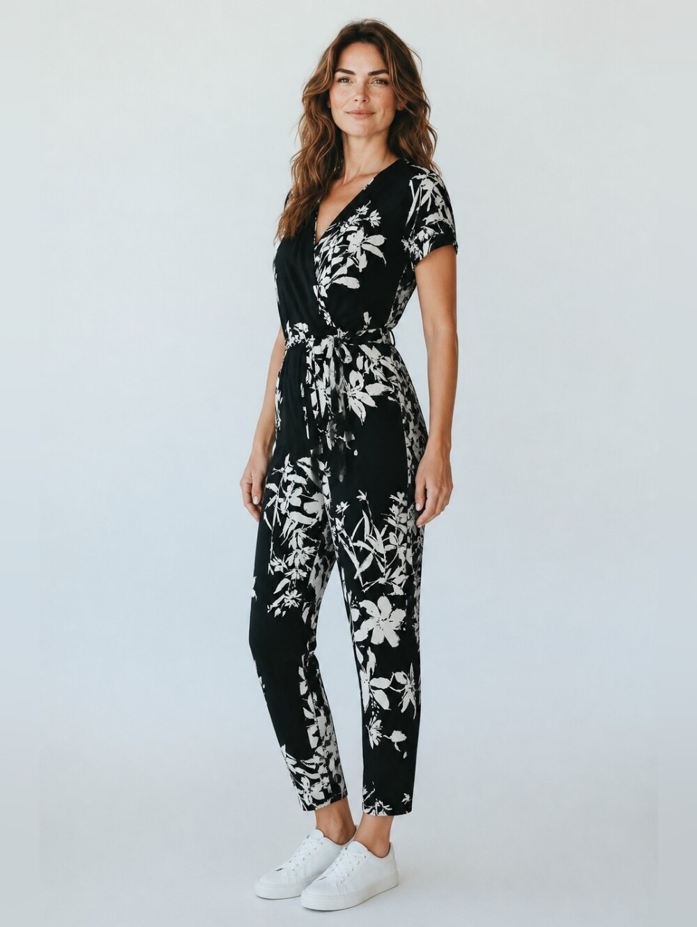 Kimcine Jumpsuit One Piece Crepe Self-Tie Waist Drawstring V-Neck Tapered Leg